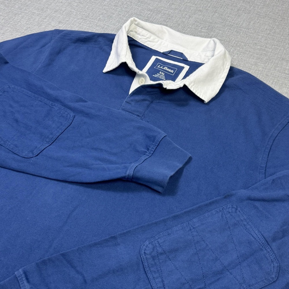 L.L. Bean Rugby Polo Shirt Mens 2XL Blue Cotton Long Sleeve Elbow Patches